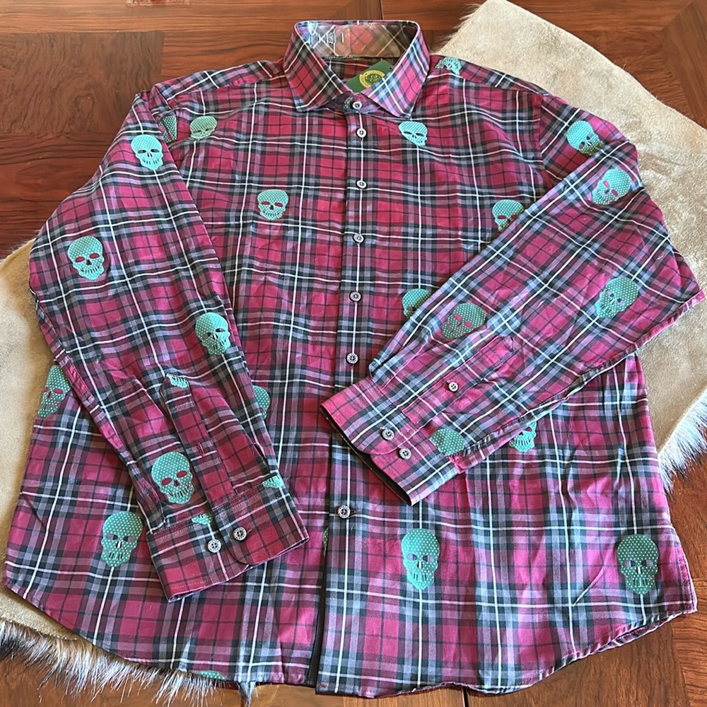 Rule 18 *NWT* Men's Bobby Jones Dark Red Tartan Plaid Skull Sport Golf Shirt